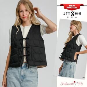 Umgee Heart Pattern Quilted Tie Front Details Lightweight Vest Jacket | Black